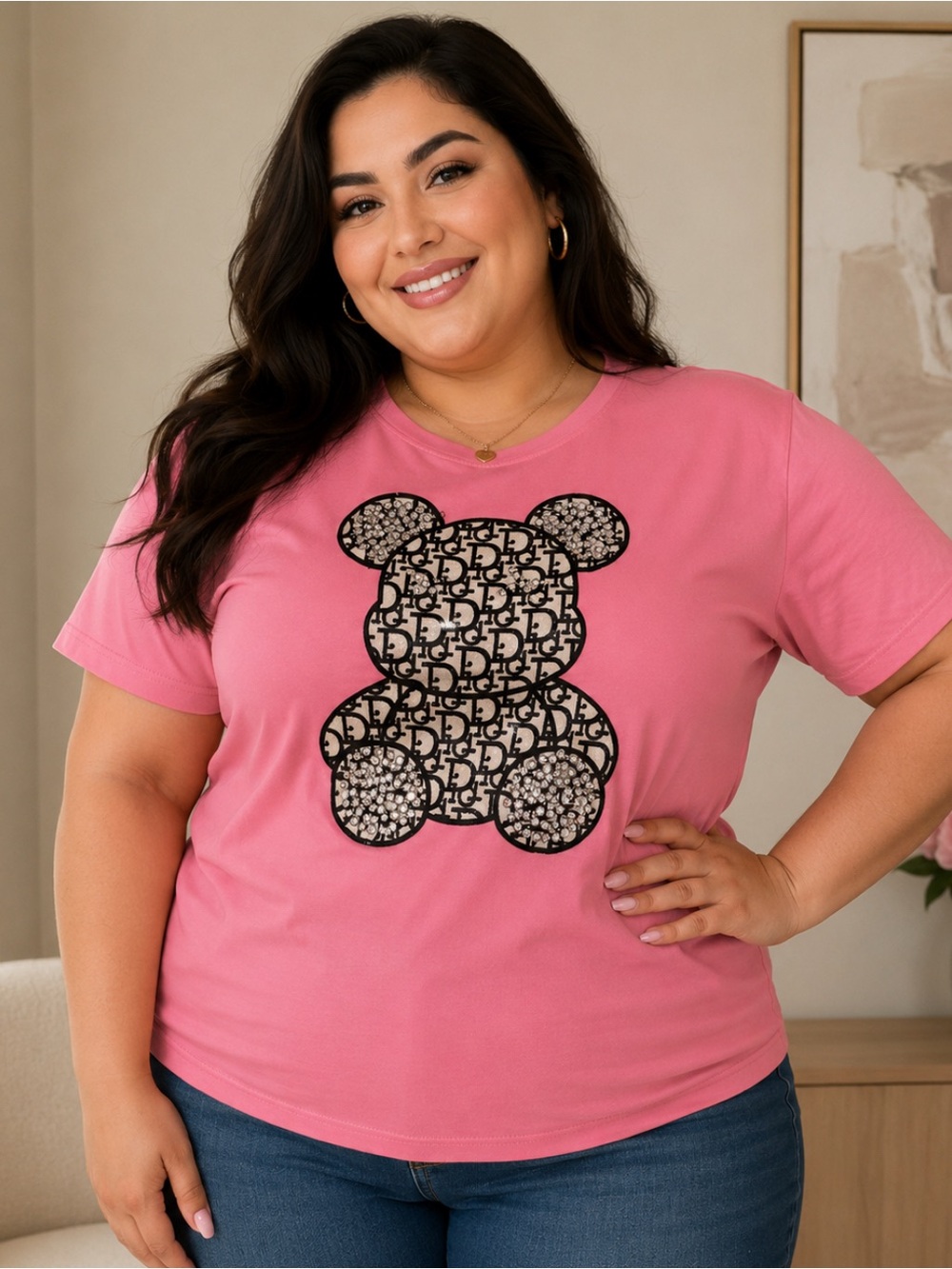 Plus Size ) Pink Teddy Monogram Embellished Tee